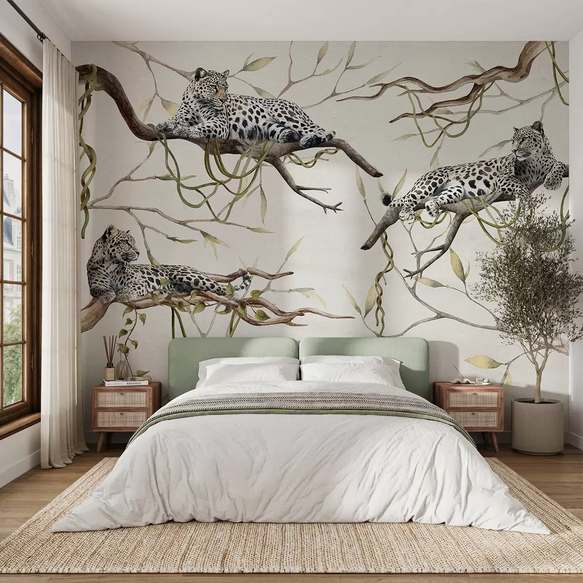 wall murals Леопарди на дрвећу џунгле, лијане, тропске, дивље животиње, пастелна палета боја w03146v4