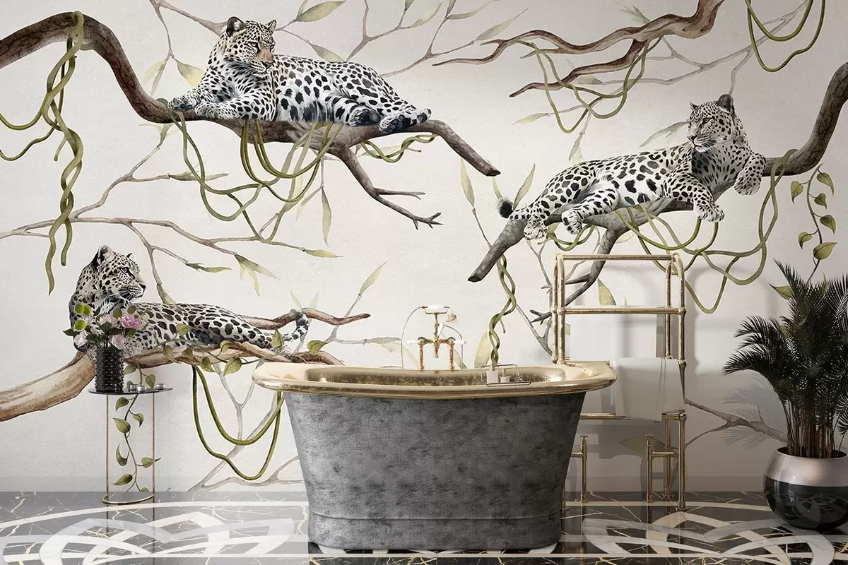 wall murals Леопарди на дрвећу џунгле, лијане, тропске, дивље животиње, пастелна палета боја w03146v4