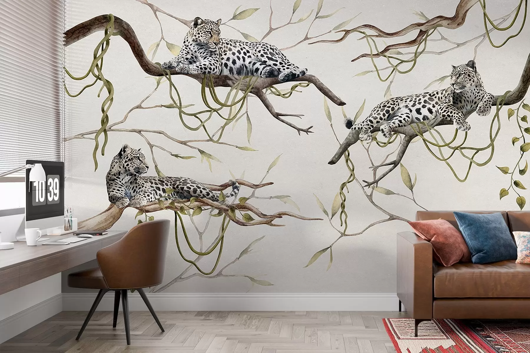 wall murals Леопарди на дрвећу џунгле, лијане, тропске, дивље животиње, пастелна палета боја w03146v4