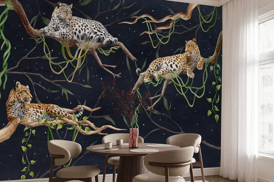 wall murals Леопарди на дрвећу џунгле, лијане, тропске, дивље животиње, ноћно небо са звездама w03148