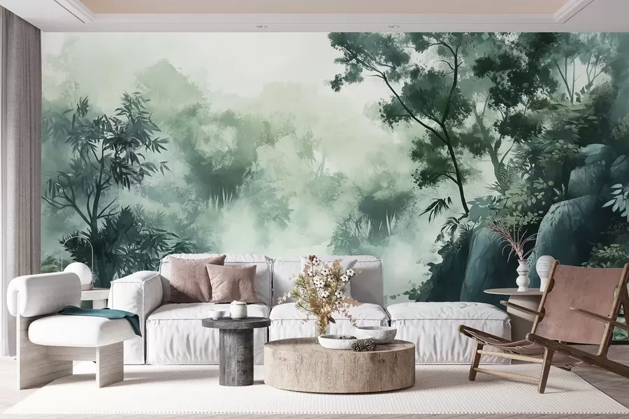 wall murals Оријентални пејзаж, џунгла, дрвеће, акварел стил, зелене боје w03149