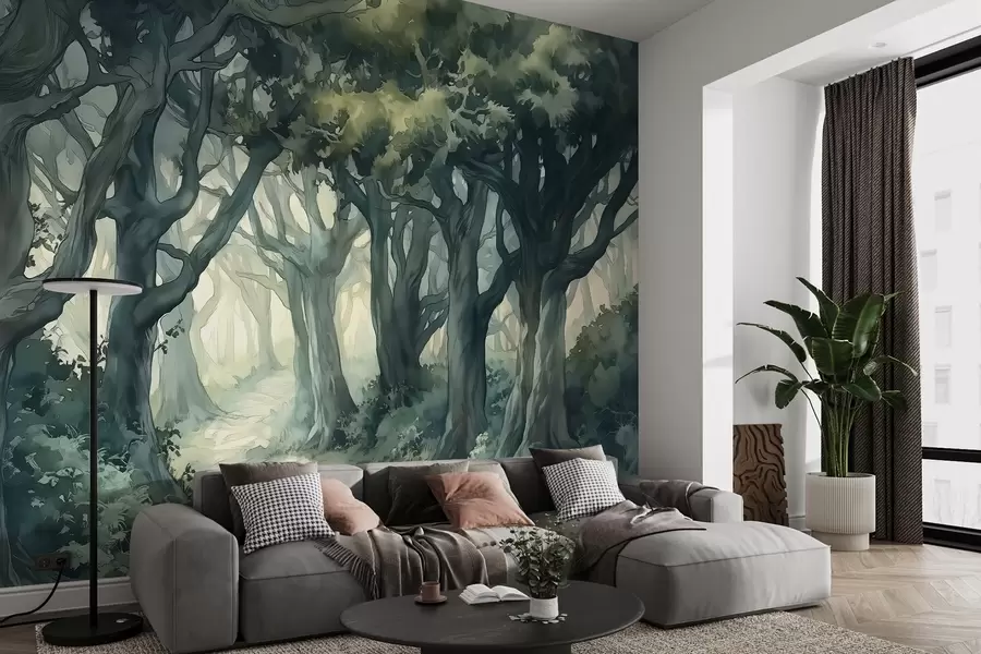 wall murals Шума са великим дрвећем, палета зелене боје, цртеж у акварелу w03150