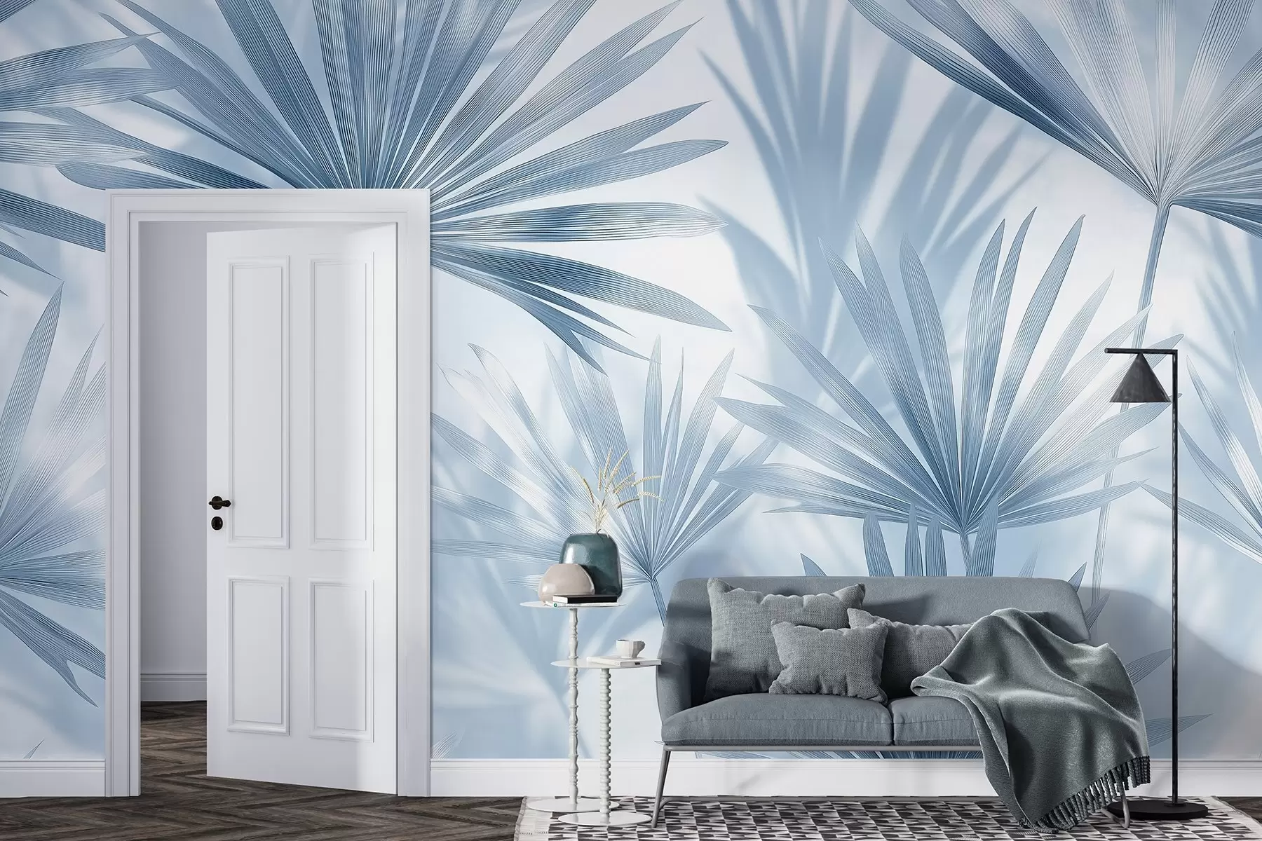 wall murals Палмино лишће, цветни узорак, минимализам, тропске, плаве боје w03152