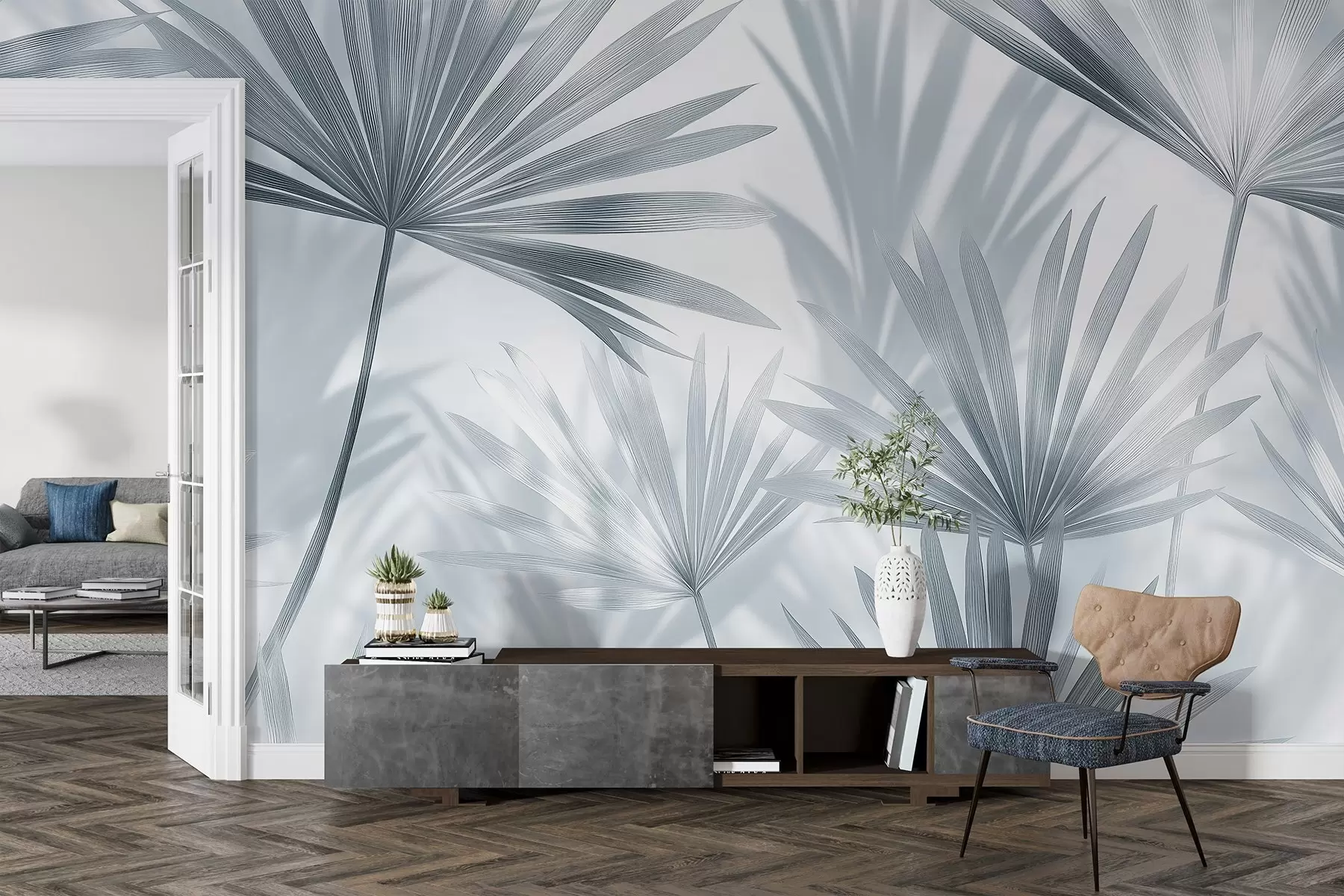 wall murals Палмино лишће, цветни узорак, минимализам, тропске, сиве боје w03152v1