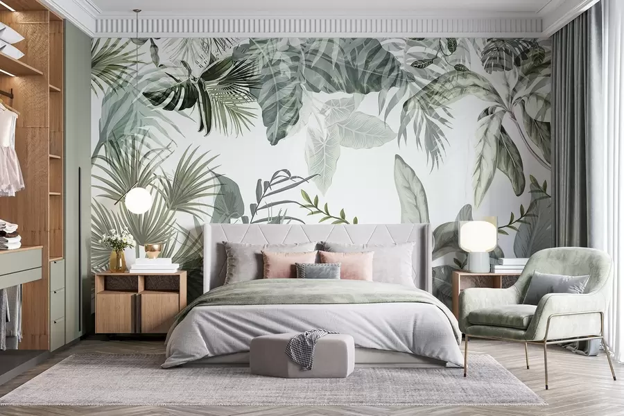 wall murals Прозирно тропско лишће у зеленим нијансама на белој позадини w08822