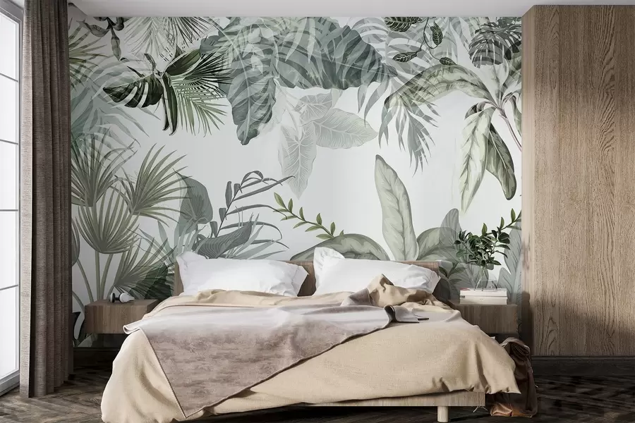 wall murals Прозирно тропско лишће у зеленим нијансама на белој позадини w08822