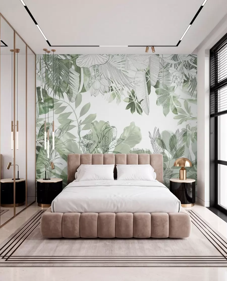 wall murals Зелена џунгла штампа тропске биљке и лишће на белој позадини w08823