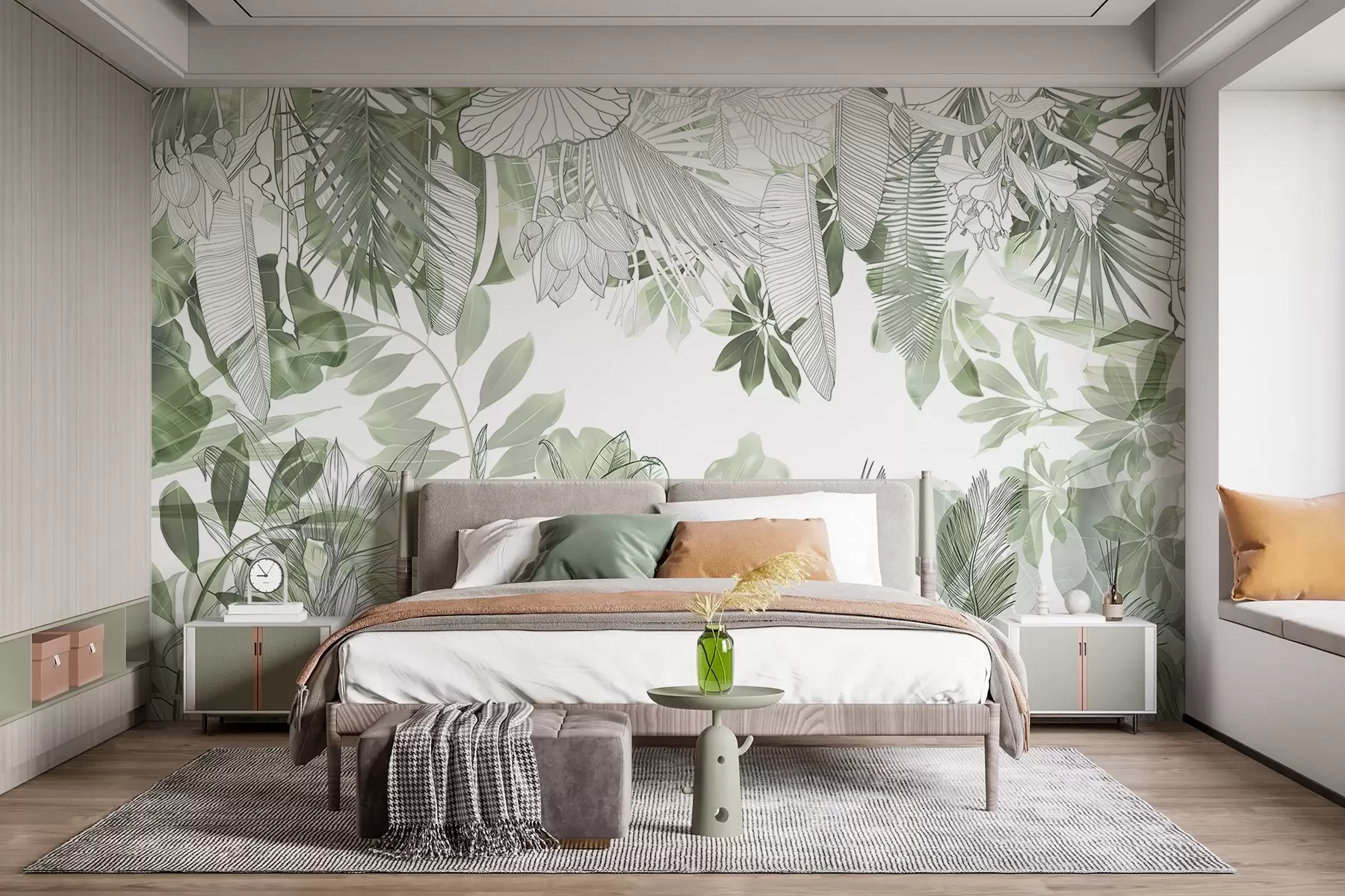 wall murals Зелена џунгла штампа тропске биљке и лишће на белој позадини w08823