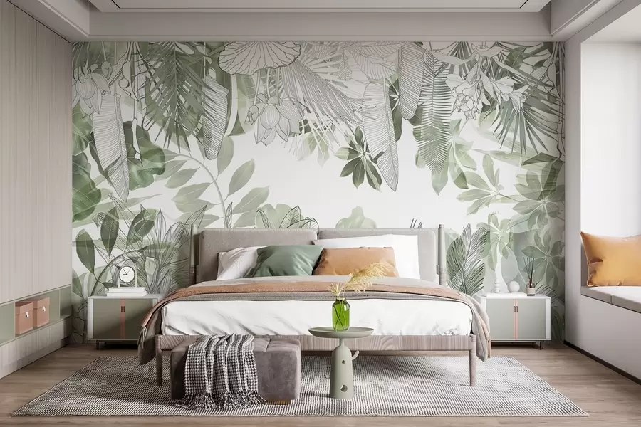 wall murals Зелена џунгла штампа тропске биљке и лишће на белој позадини w08823