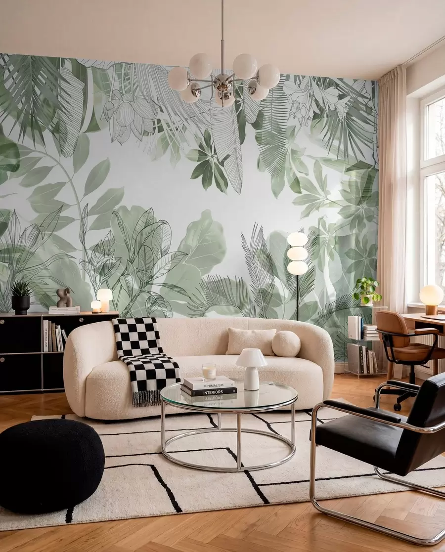wall murals Зелена џунгла штампа тропске биљке и лишће на белој позадини w08823