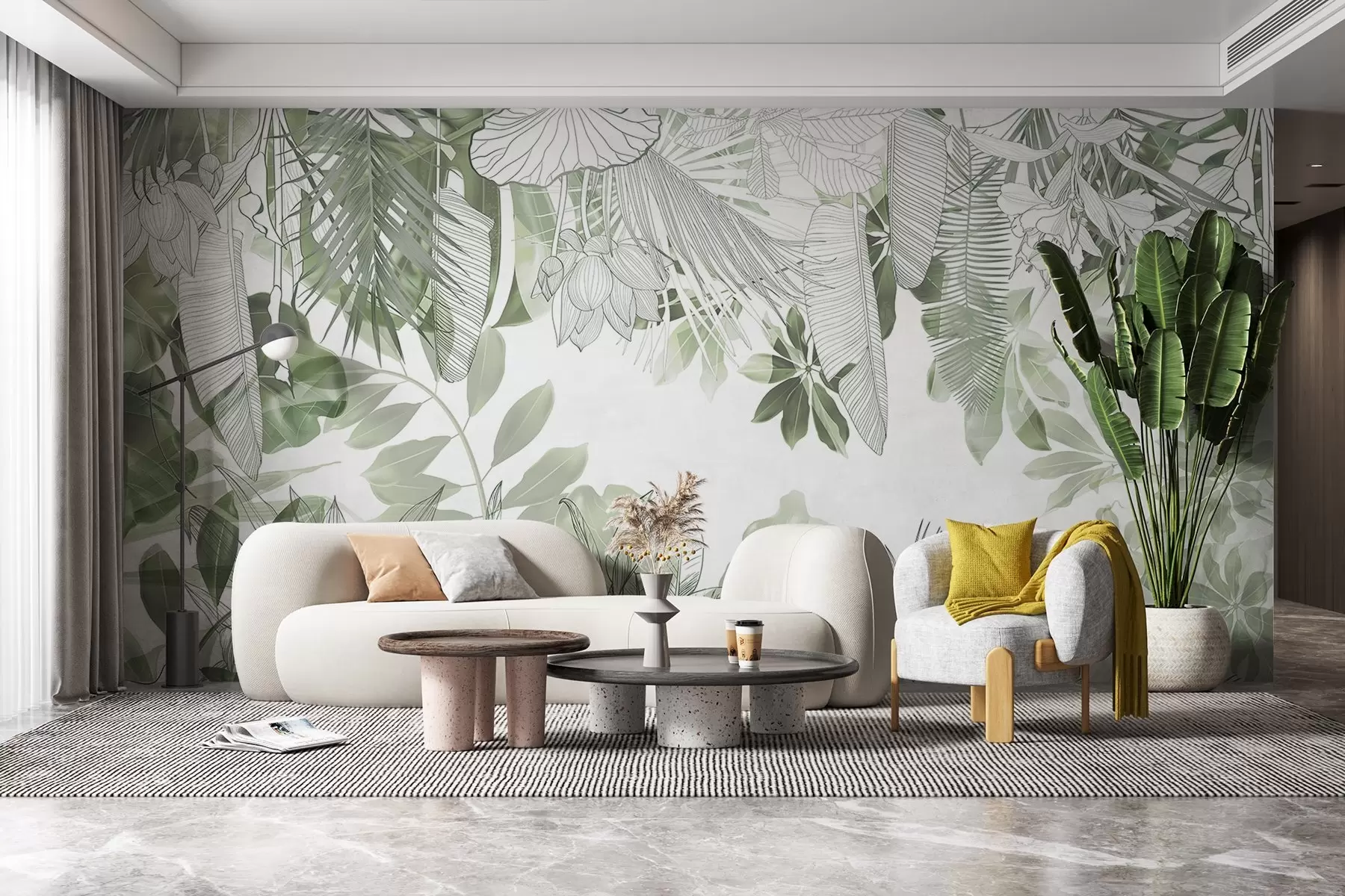 wall murals Зелена џунгла штампа тропске биљке и лишће на белој позадини w08823