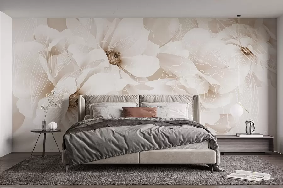 wall murals Пастелни цветови божура са белим и беж деликатним латицама и белим линијама на светло беж позадини w08826v1