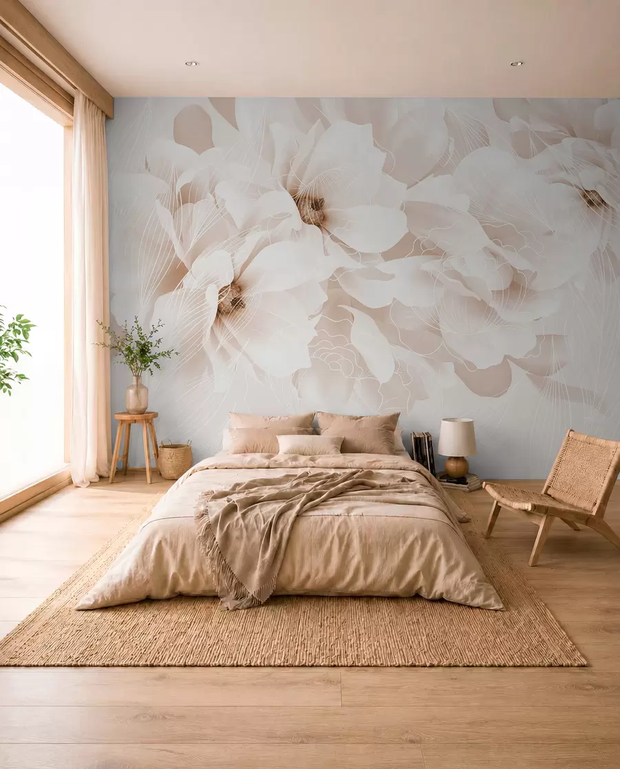 wall murals Пастелни цветови божура са белим и беж деликатним латицама и белим линијама на светло беж позадини w08826v1