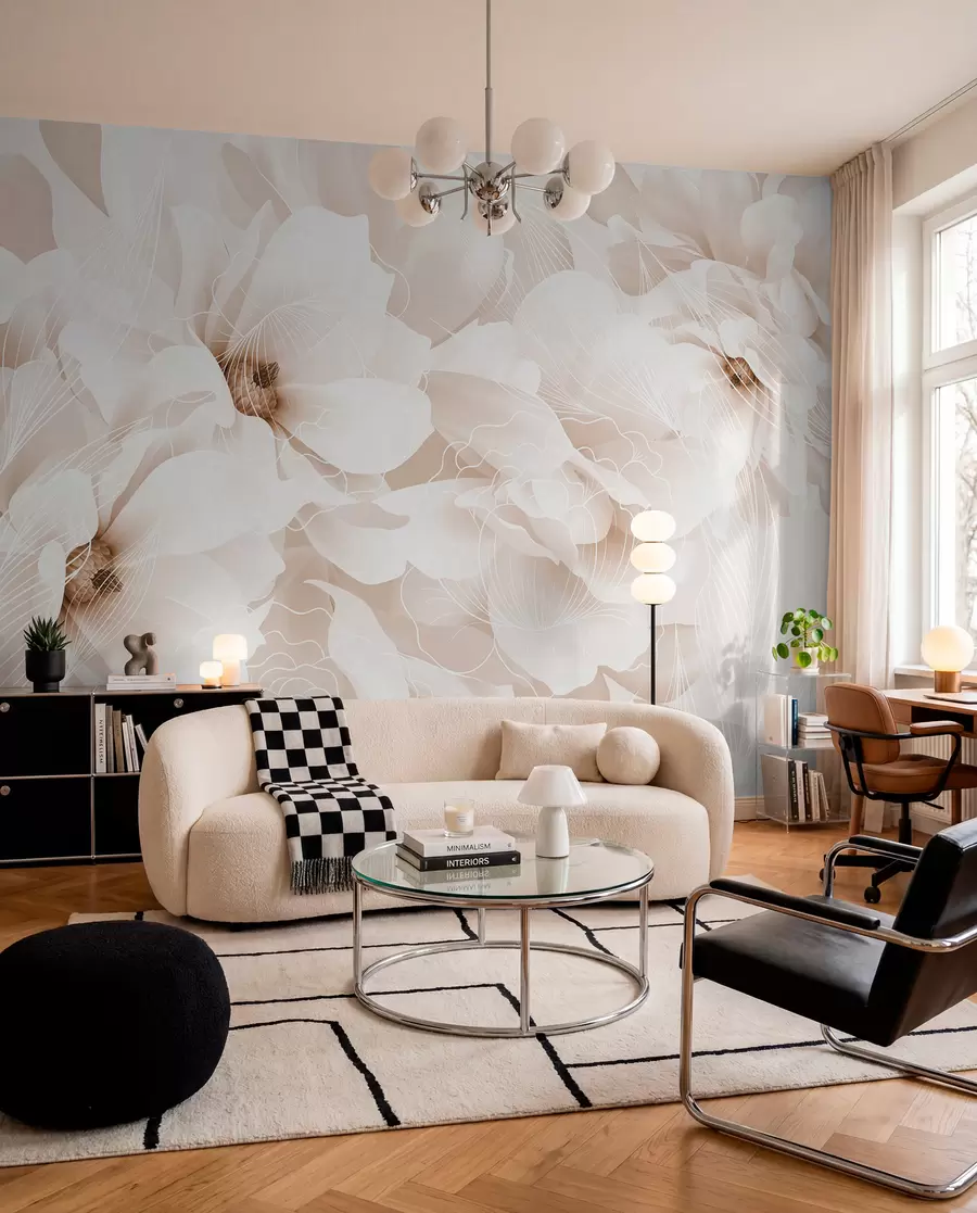wall murals Пастелни цветови божура са белим и беж деликатним латицама и белим линијама на светло беж позадини w08826v1