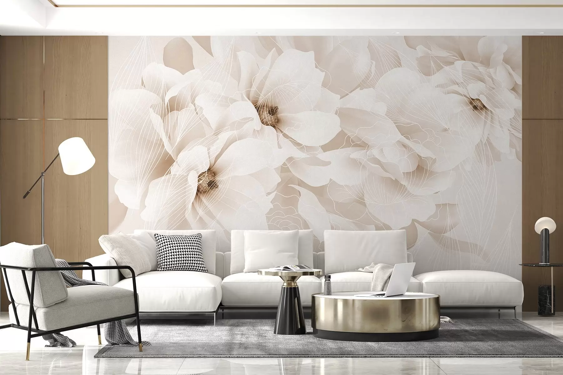 wall murals Пастелни цветови божура са белим и беж деликатним латицама и белим линијама на светло беж позадини w08826v1