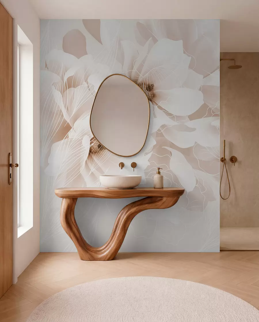 wall murals Пастелни цветови божура са белим и беж деликатним латицама и белим линијама на светло беж позадини w08826v1