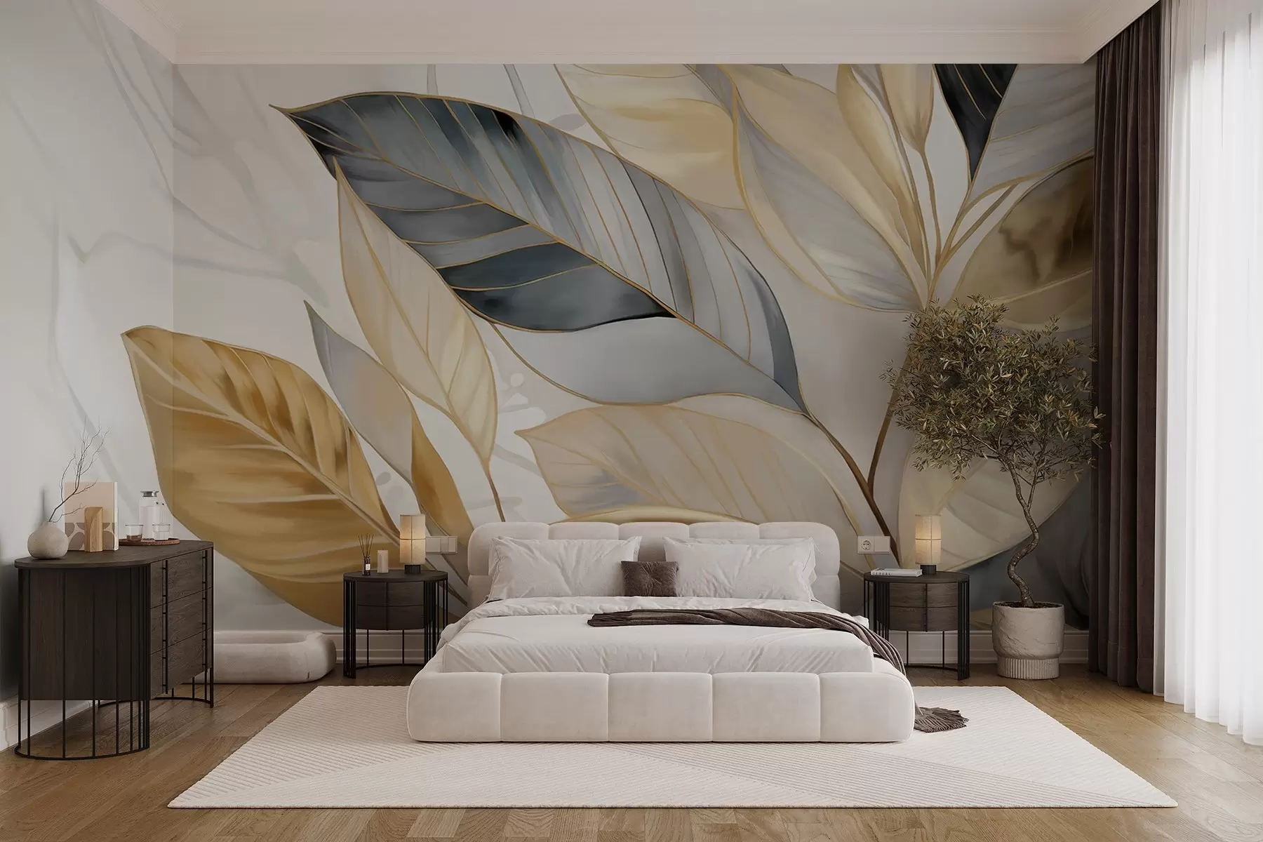 wall murals Жути, сиви и бели деликатни велики листови на белој апстрактној текстурираној позадини w08828