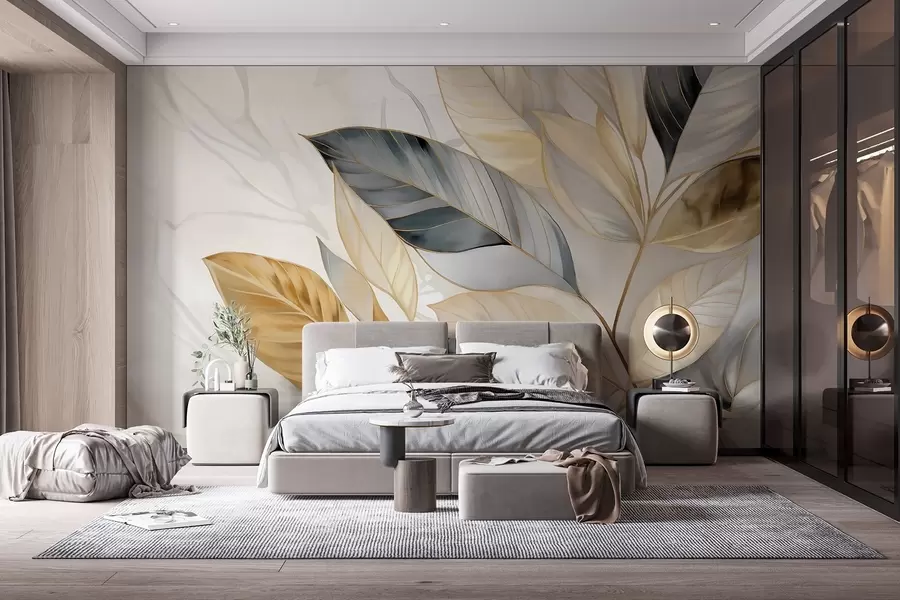wall murals Жути, сиви и бели деликатни велики листови на белој апстрактној текстурираној позадини w08828