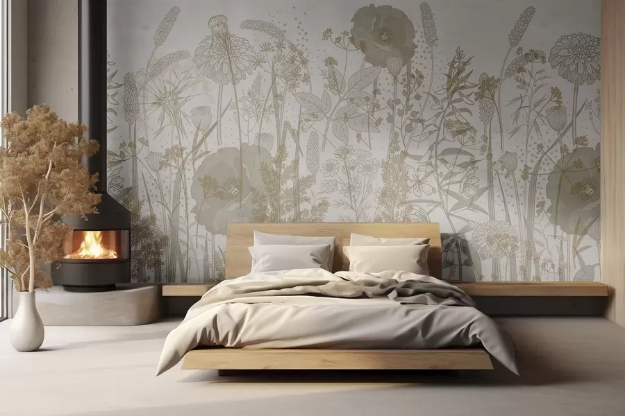 wall murals Поље високог цвећа и траве у светло беж пастелним тоновима на белој позадини w08829v1