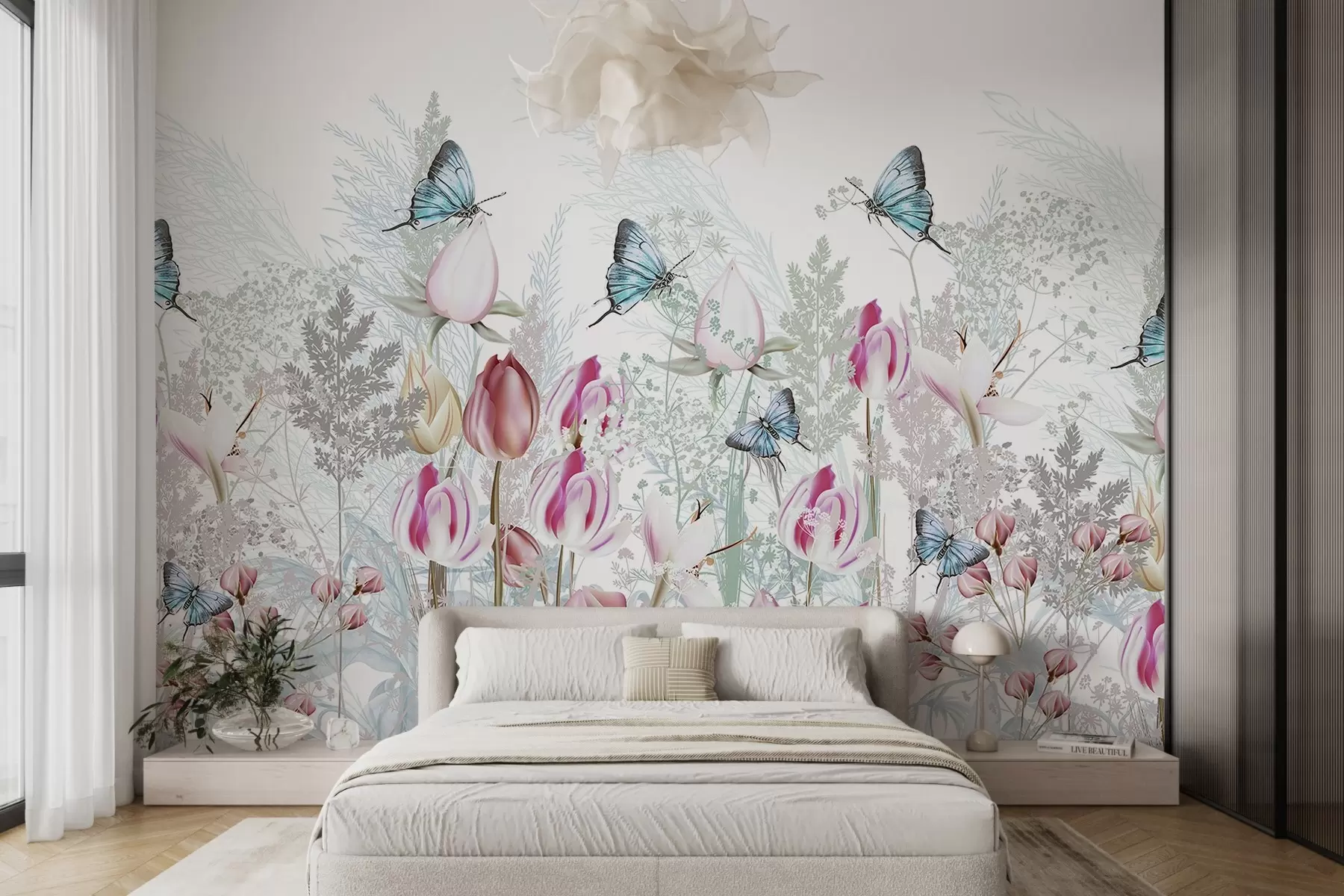 wall murals Пастелни принт са цветовима тулипана, травом и лептирима који лете у башти w08834