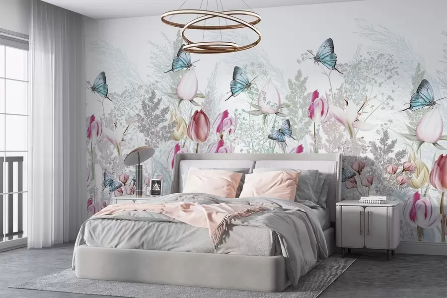 wall murals Пастелни принт са цветовима тулипана, травом и лептирима који лете у башти w08834