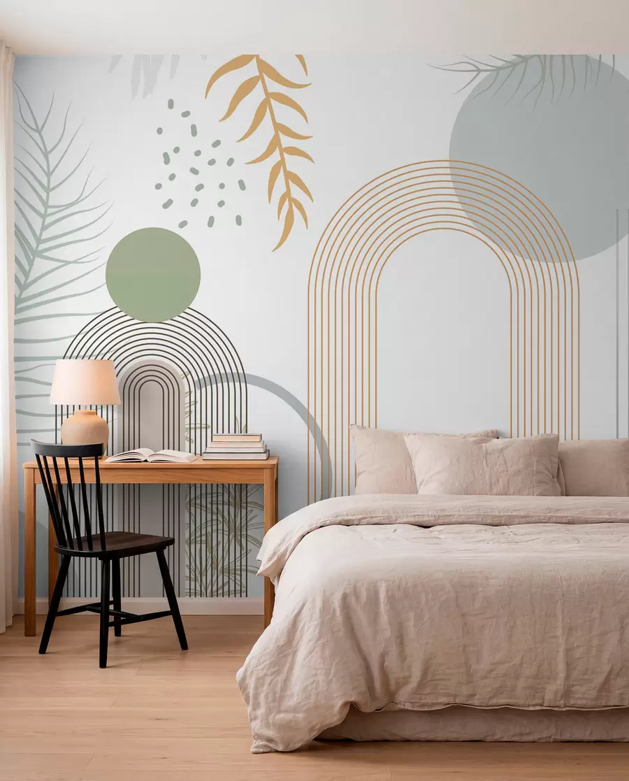 wall murals Апстрактна штампа са геометријским облицима, луковима и тропским листовима на белој позадини w08835