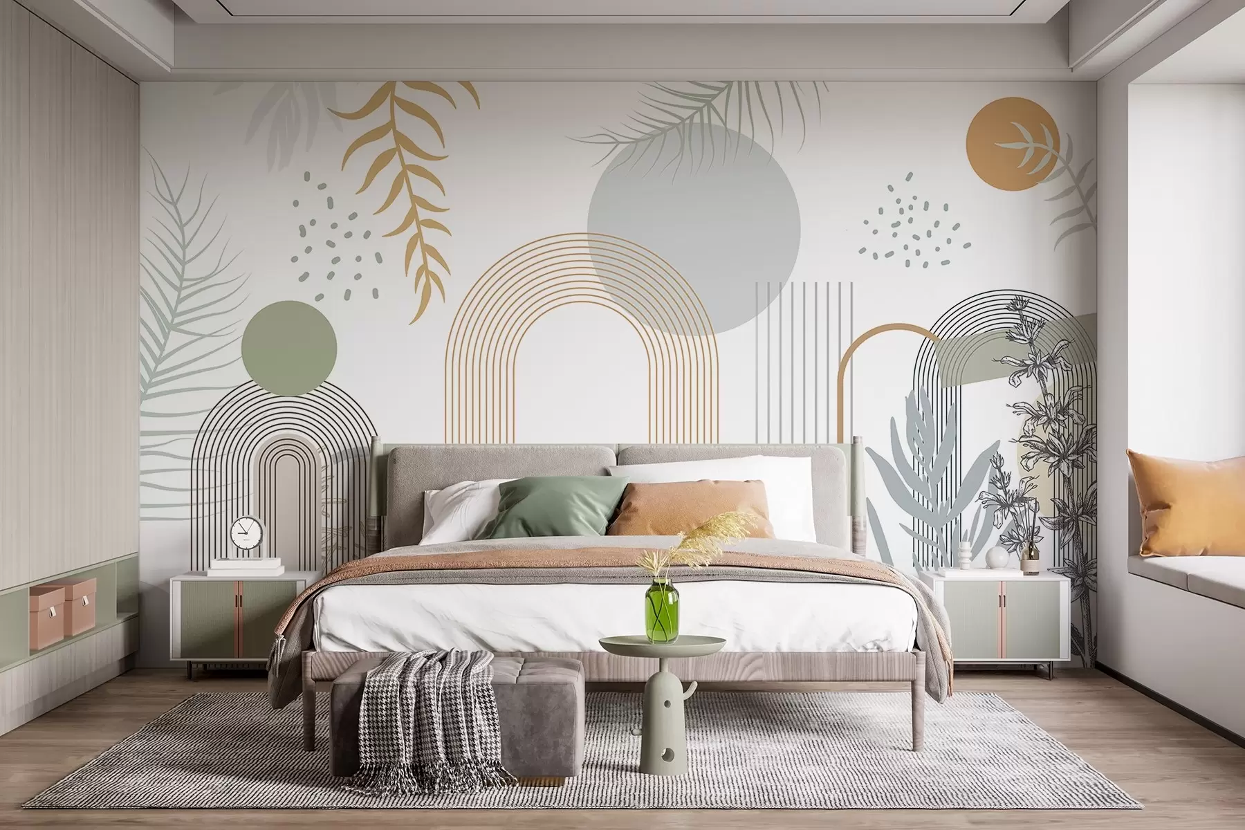 wall murals Апстрактна штампа са геометријским облицима, луковима и тропским листовима на белој позадини w08835