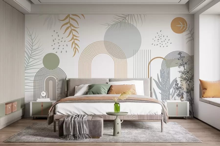 wall murals Апстрактна штампа са геометријским облицима, луковима и тропским листовима на белој позадини w08835