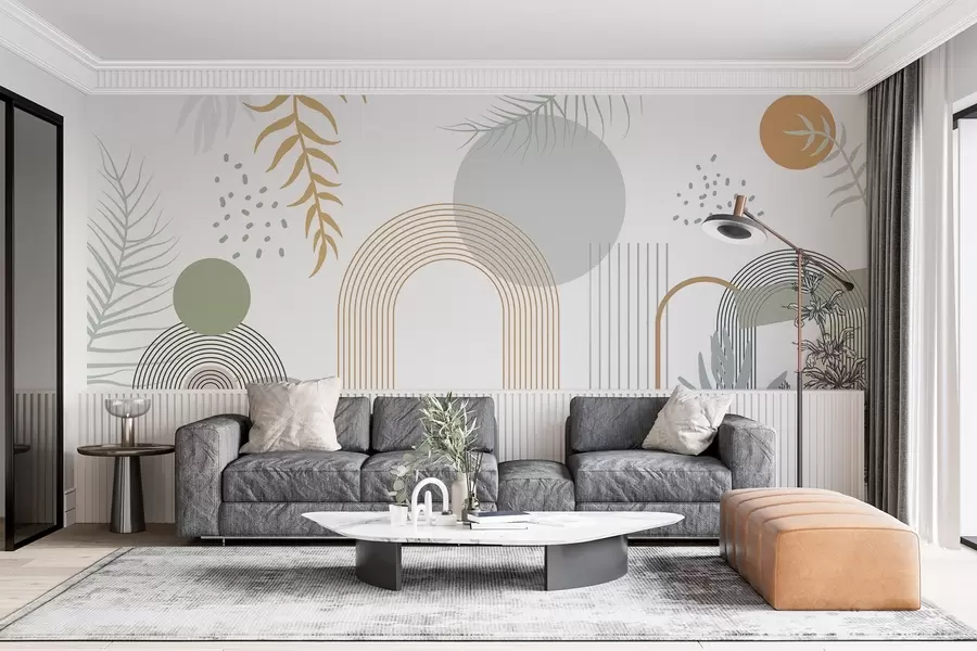 wall murals Апстрактна штампа са геометријским облицима, луковима и тропским листовима на белој позадини w08835