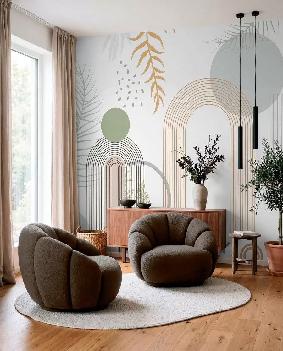 wall murals Апстрактна штампа са геометријским облицима, луковима и тропским листовима на белој позадини w08835