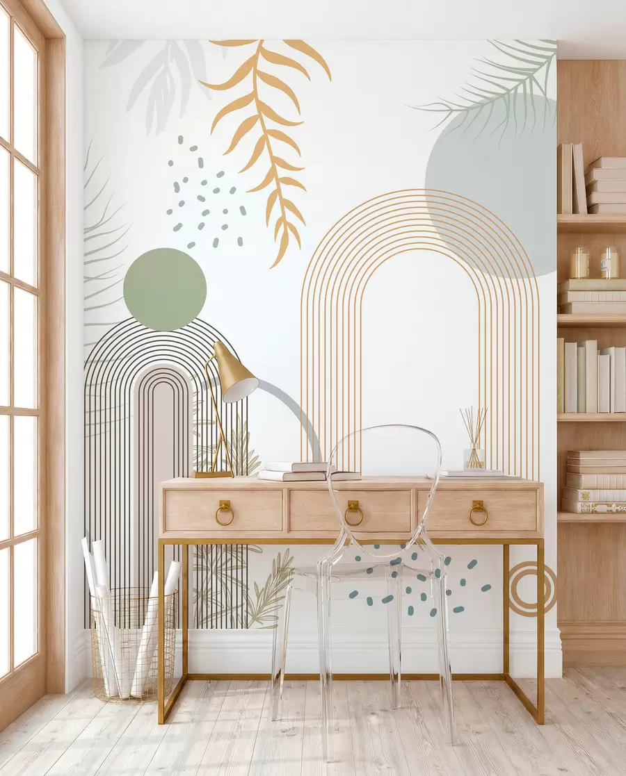 wall murals Апстрактна штампа са геометријским облицима, луковима и тропским листовима на белој позадини w08835