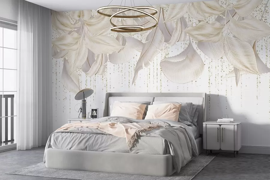 wall murals Бели детаљни тропски листови и текстура жутих тачака на белој позадини w08836