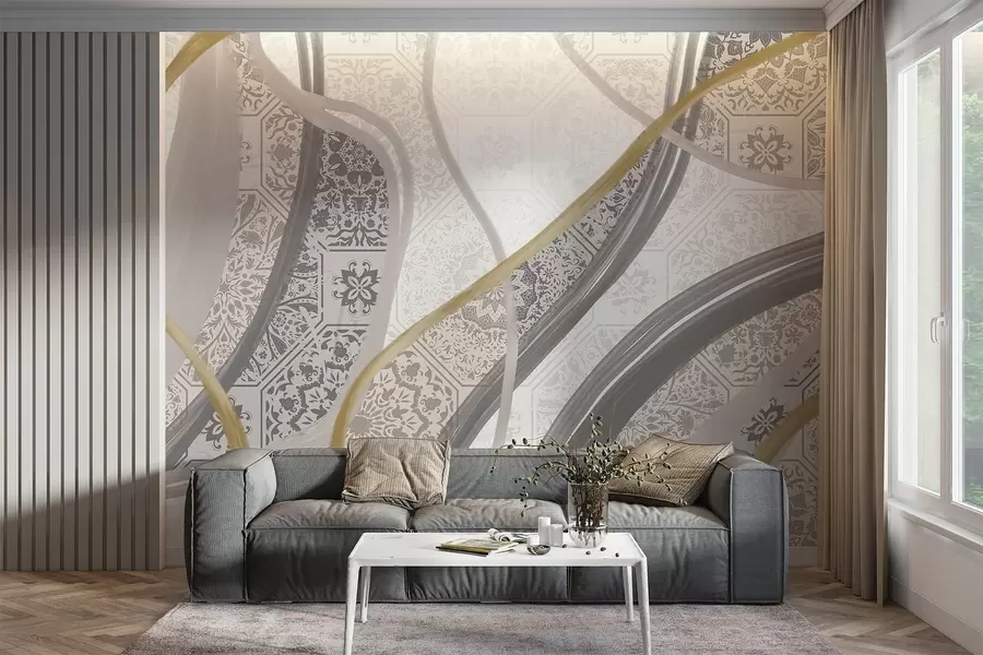 wall murals Апстрактна слика са геометријским шарама и закривљеним линијама у беж, сивој и жутој боји w08837