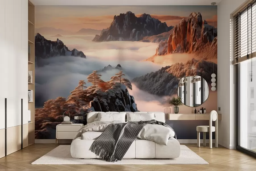 wall murals Шармантан планински пејзаж са маглом и дрвећем w08807