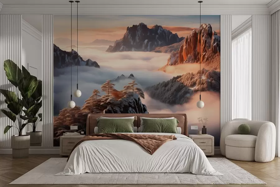 wall murals Шармантан планински пејзаж са маглом и дрвећем w08807