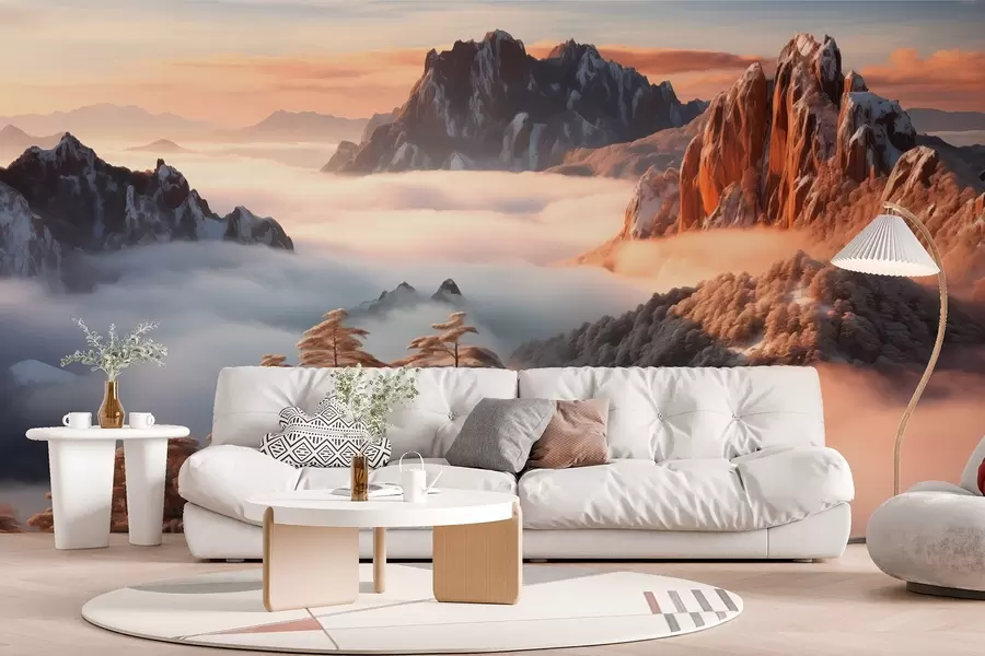 wall murals Шармантан планински пејзаж са маглом и дрвећем w08807