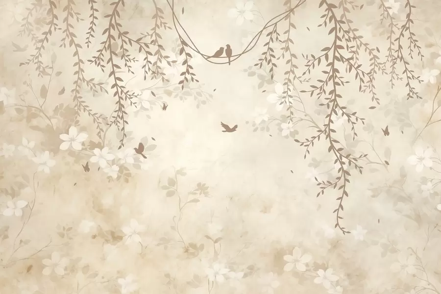 wall murals Птице са висећим биљкама и цветним узорком у светлим беж-крем тоновима w08809
