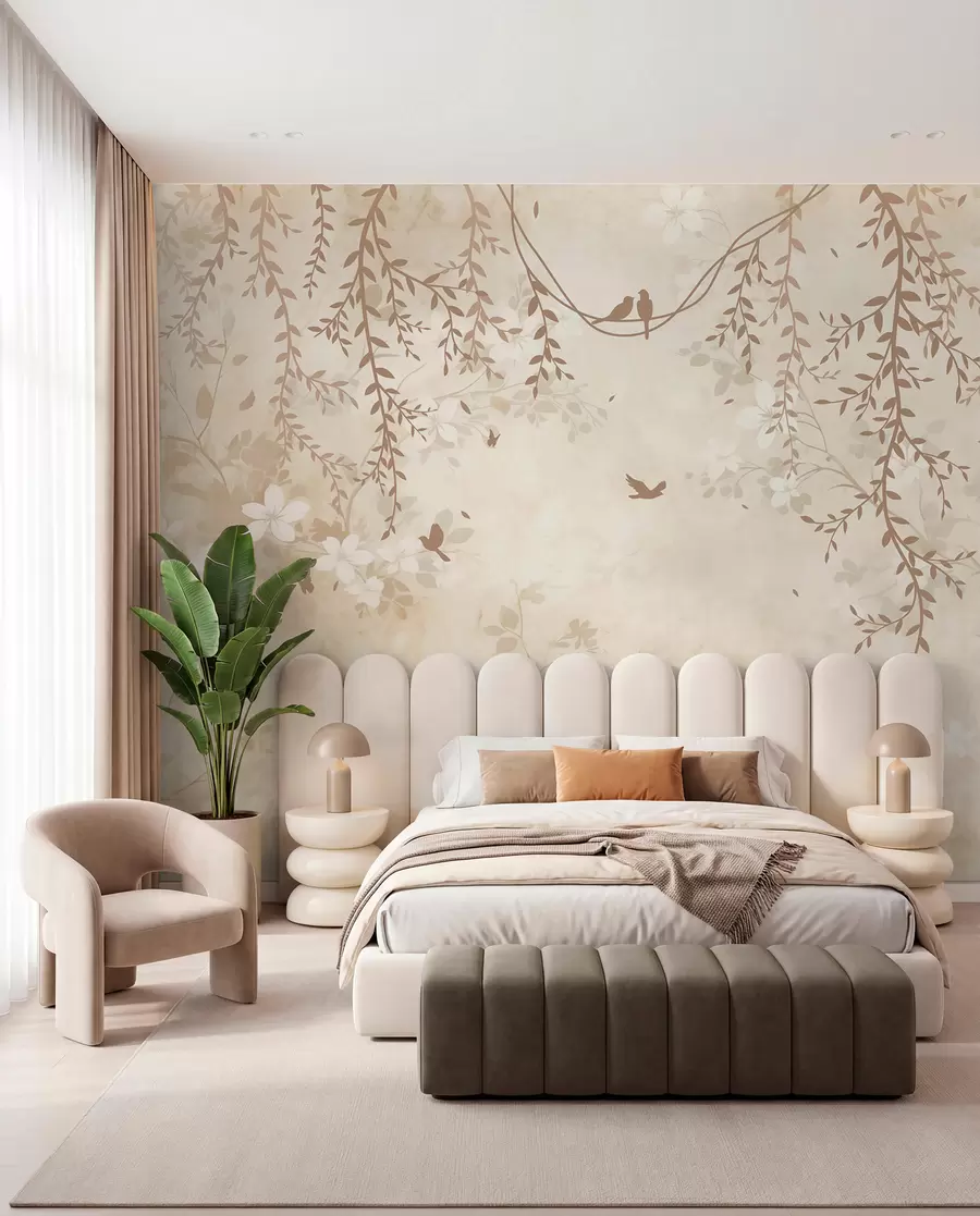 wall murals Птице са висећим биљкама и цветним узорком у светлим беж-крем тоновима w08809