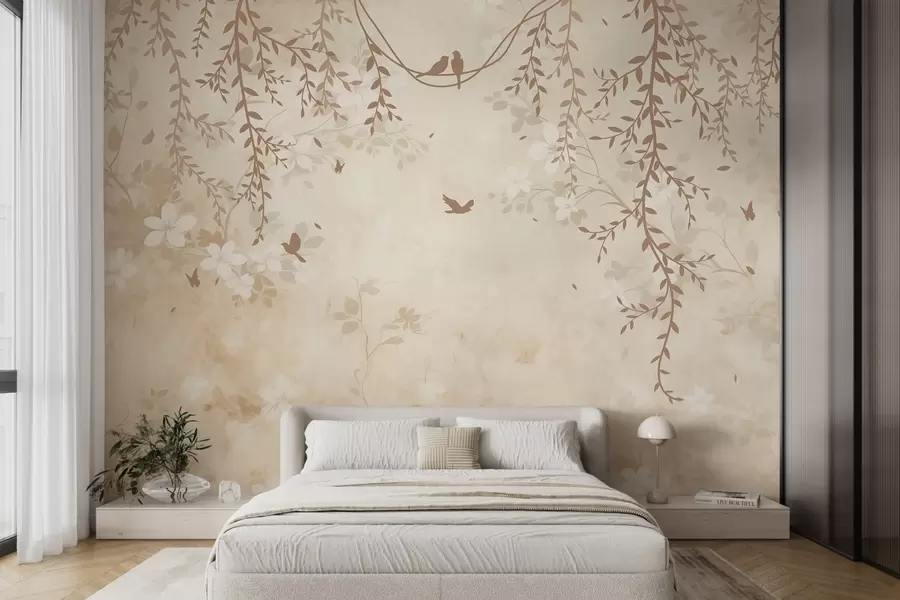 wall murals Птице са висећим биљкама и цветним узорком у светлим беж-крем тоновима w08809