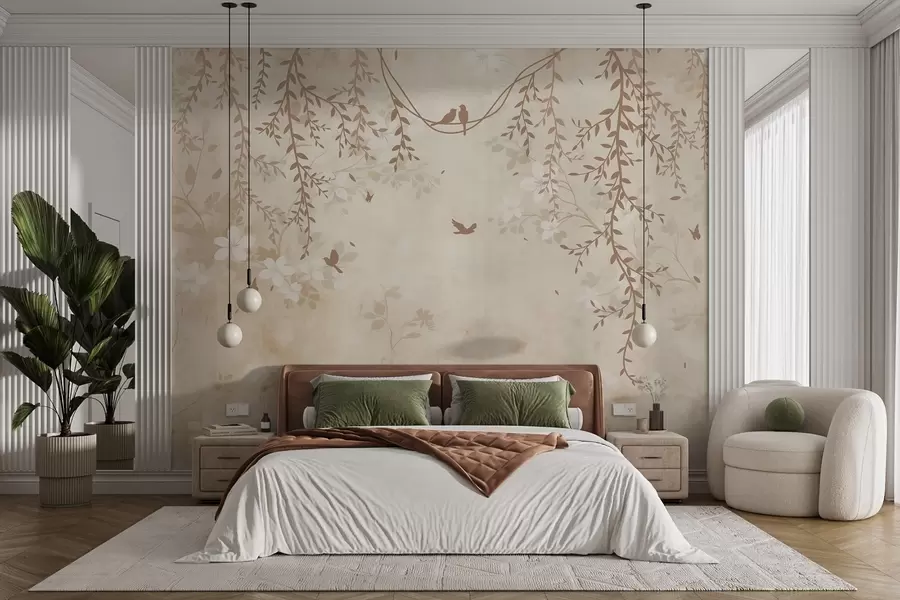 wall murals Птице са висећим биљкама и цветним узорком у светлим беж-крем тоновима w08809