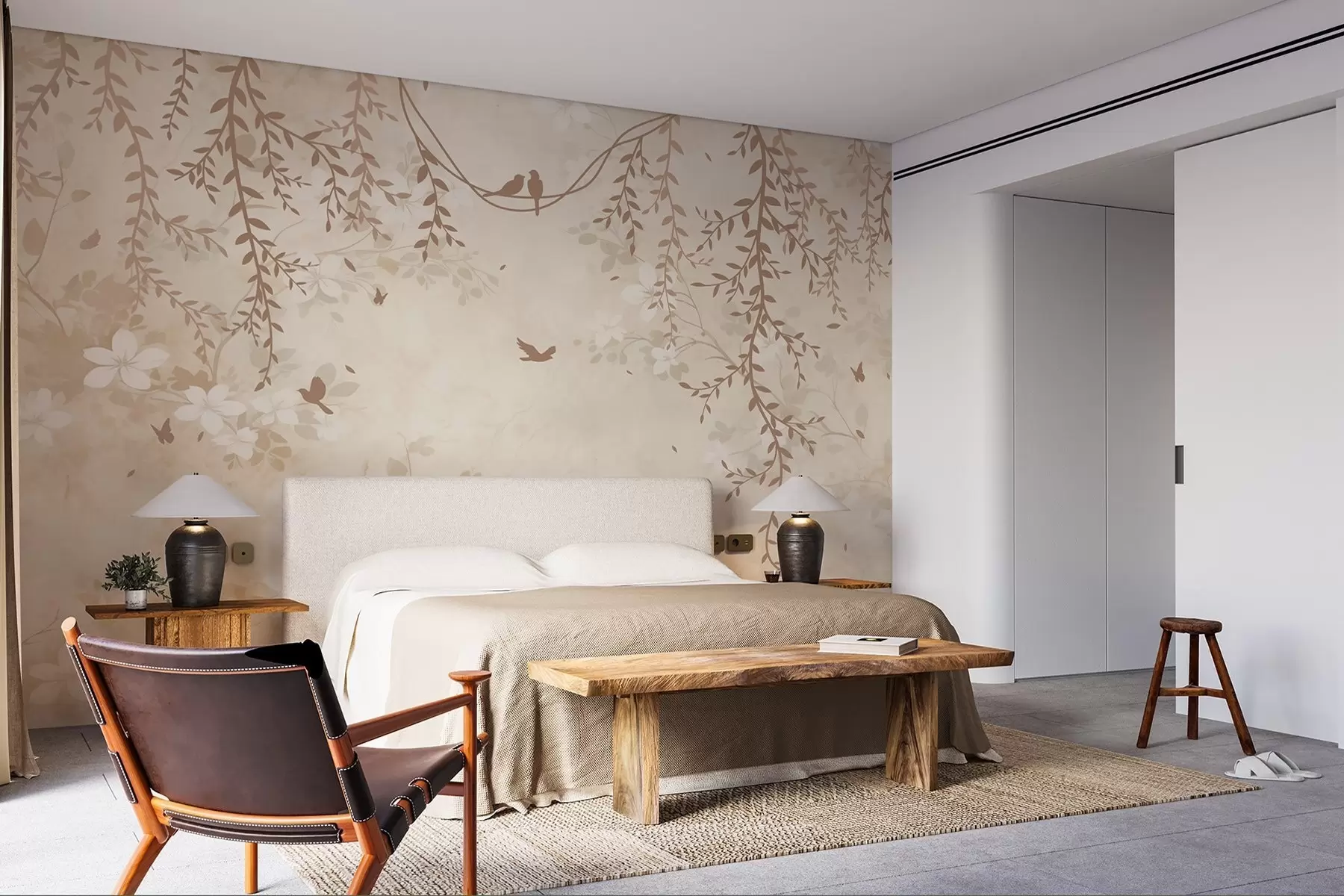 wall murals Птице са висећим биљкама и цветним узорком у светлим беж-крем тоновима w08809