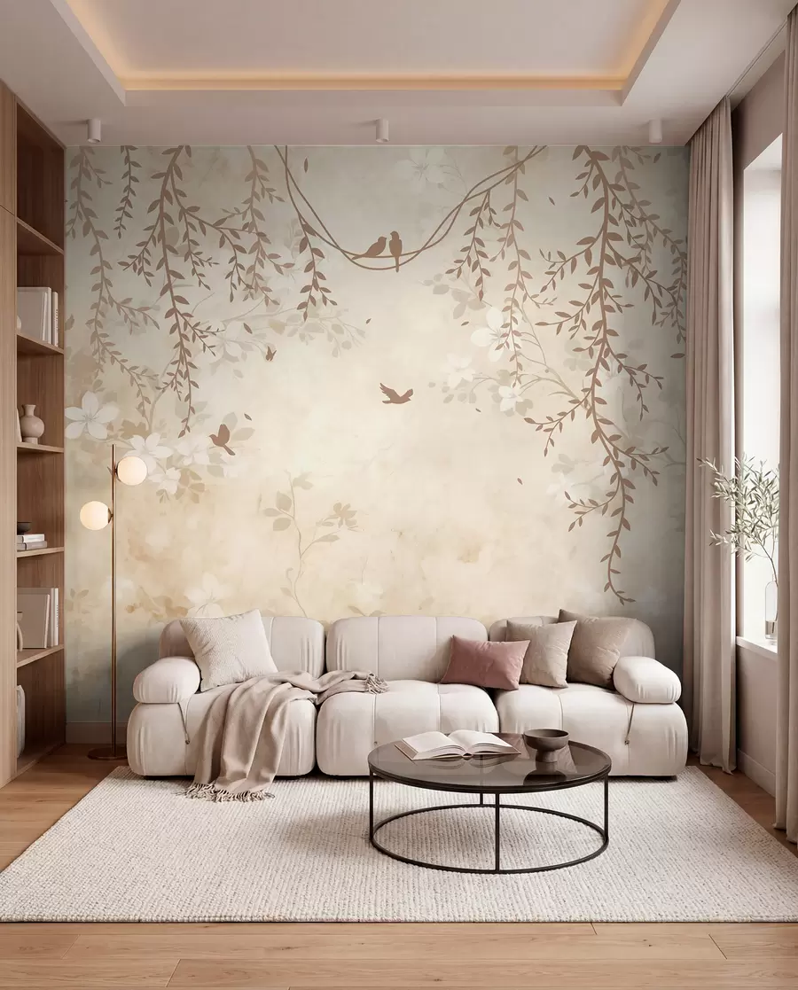 wall murals Птице са висећим биљкама и цветним узорком у светлим беж-крем тоновима w08809