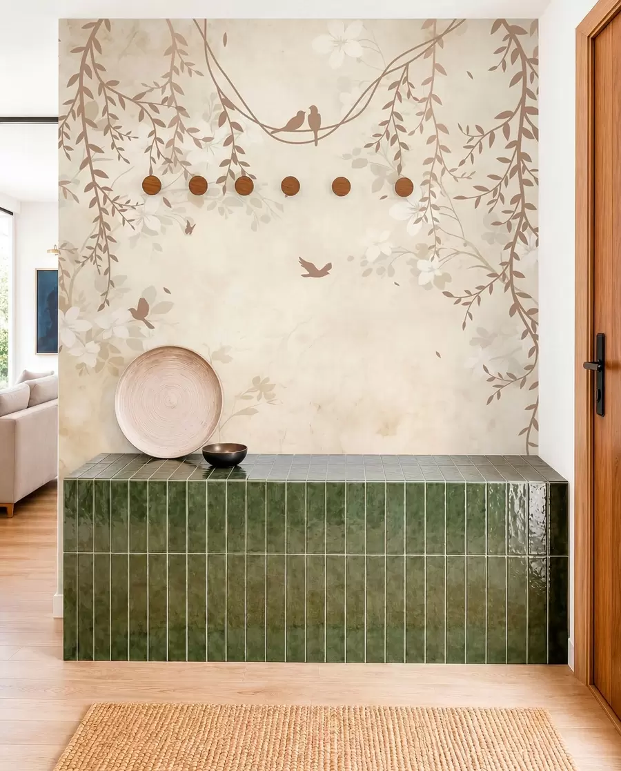 wall murals Птице са висећим биљкама и цветним узорком у светлим беж-крем тоновима w08809