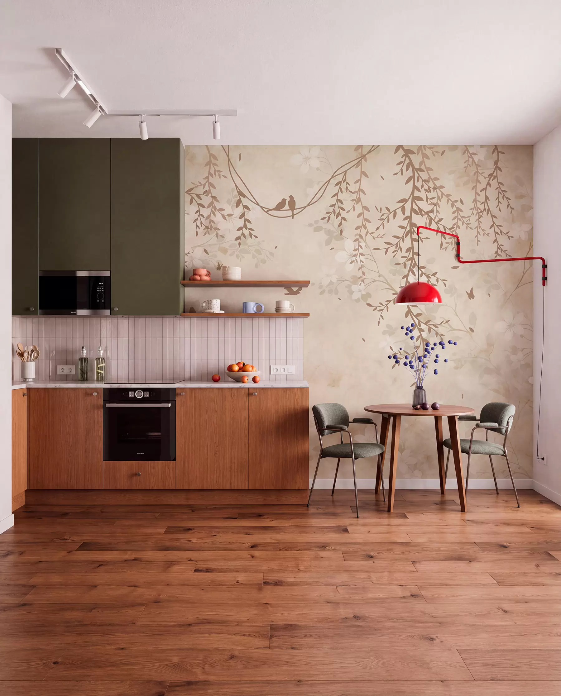 wall murals Птице са висећим биљкама и цветним узорком у светлим беж-крем тоновима w08809