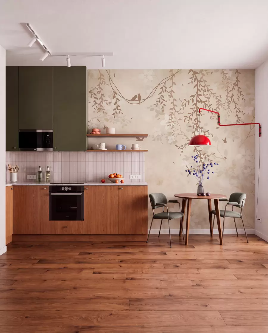 wall murals Птице са висећим биљкама и цветним узорком у светлим беж-крем тоновима w08809