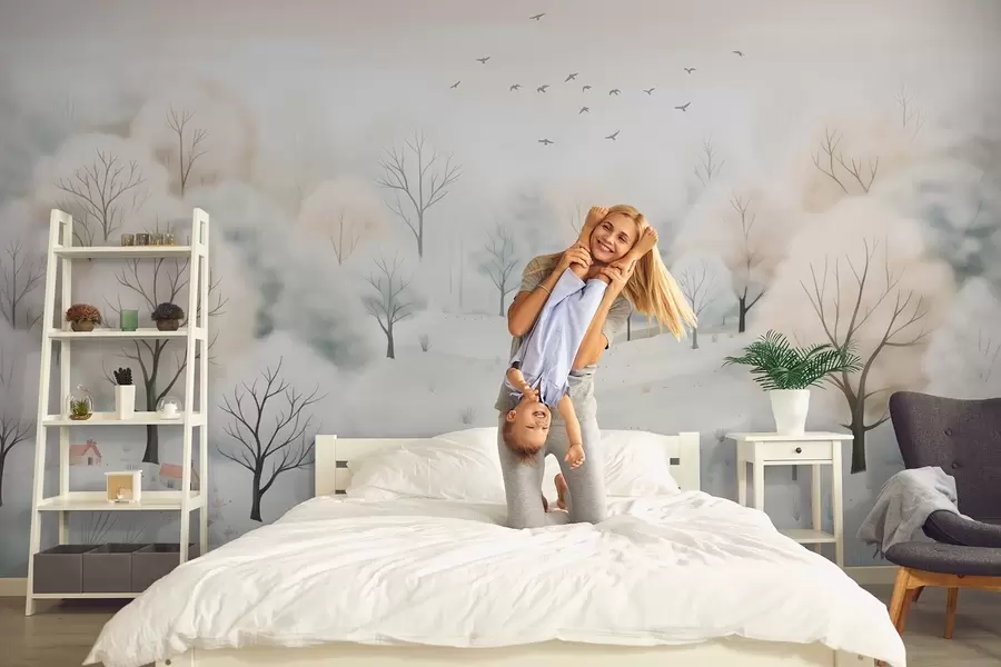 wall murals Зимска шума са дрвећем, малим кућицама, птицама и снегом у лаганом акварел стилу w08815