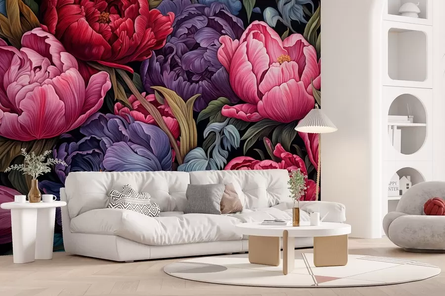 wall murals Лале и божури у викторијанском стилу, у розе и љубичастим бојама w08818