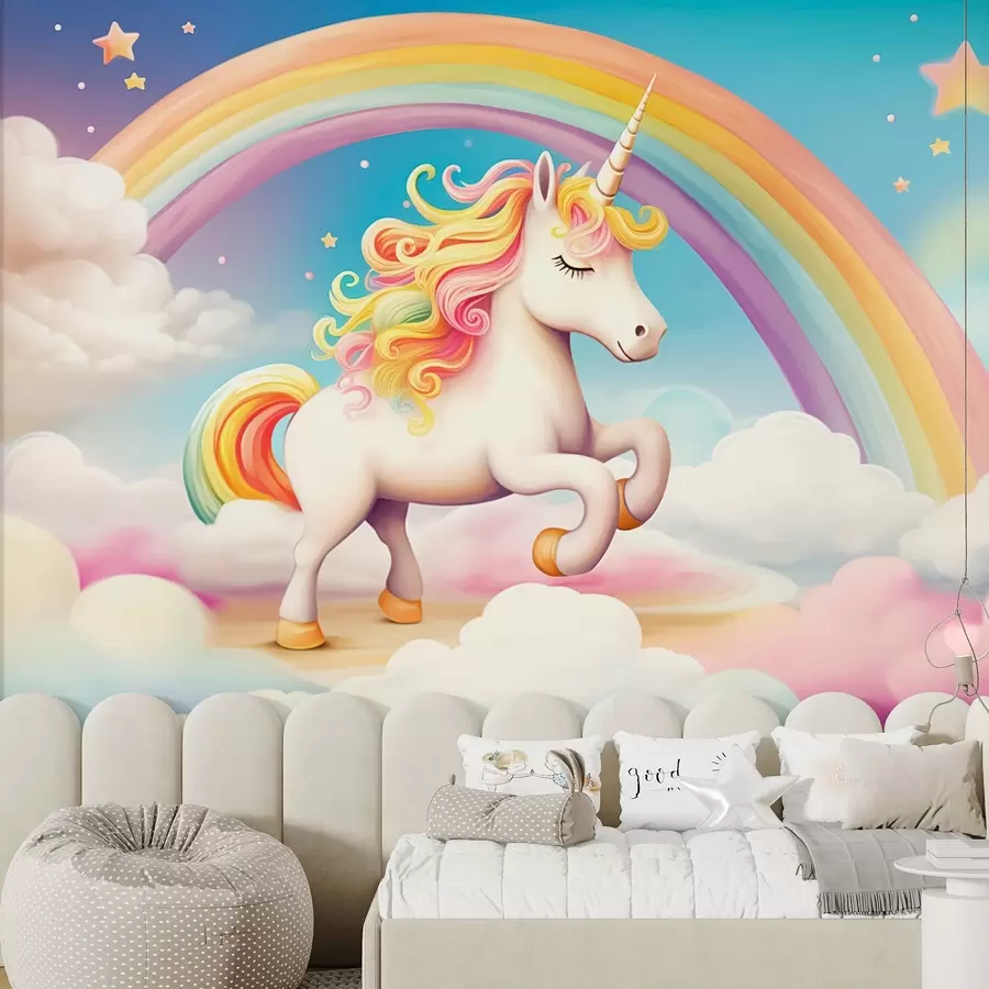wall murals Коњ једнорог са дугом, облацима и звезданим небом w08820