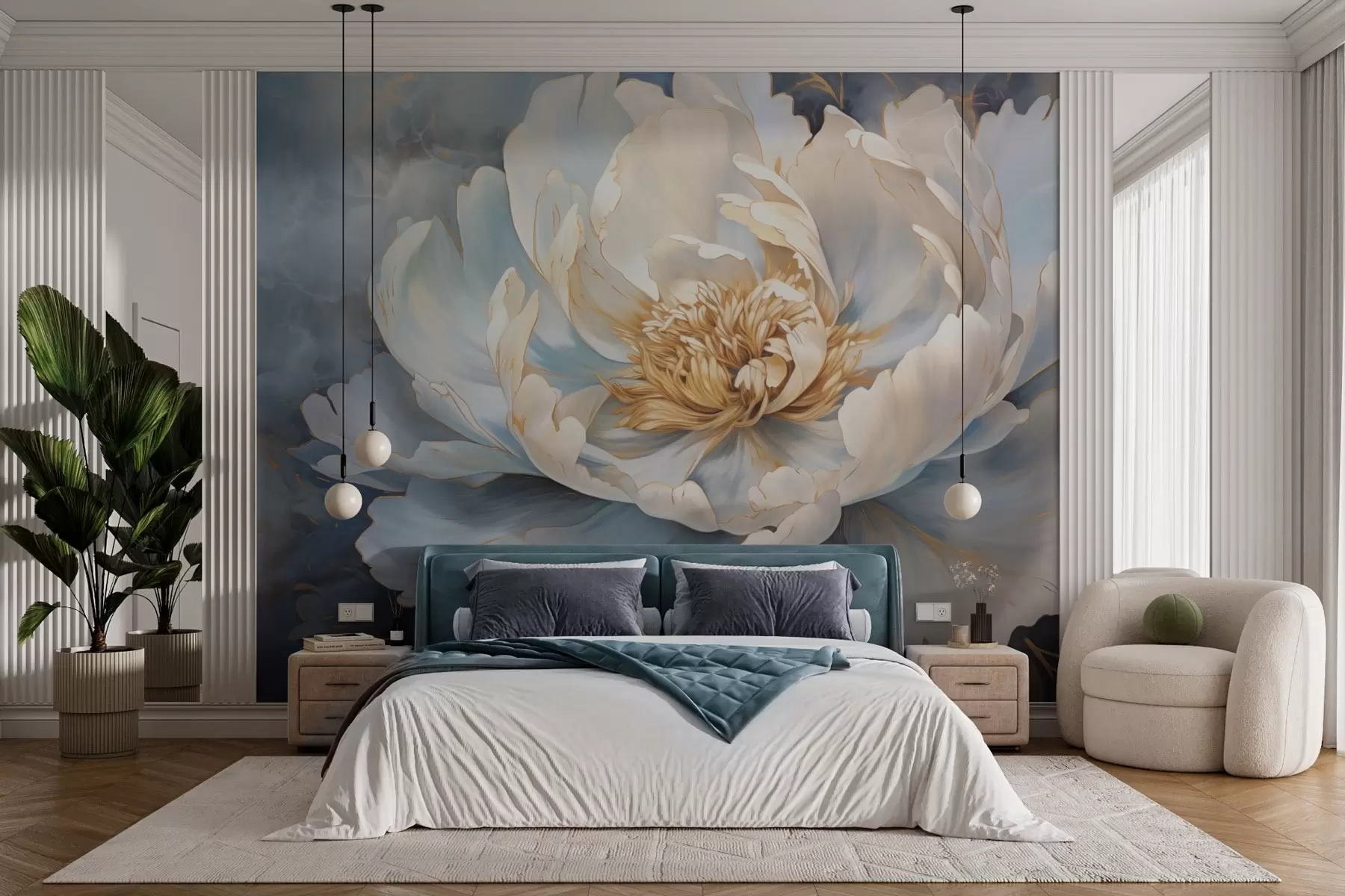 wall murals Цветни цвет божура у плавој боји w03248