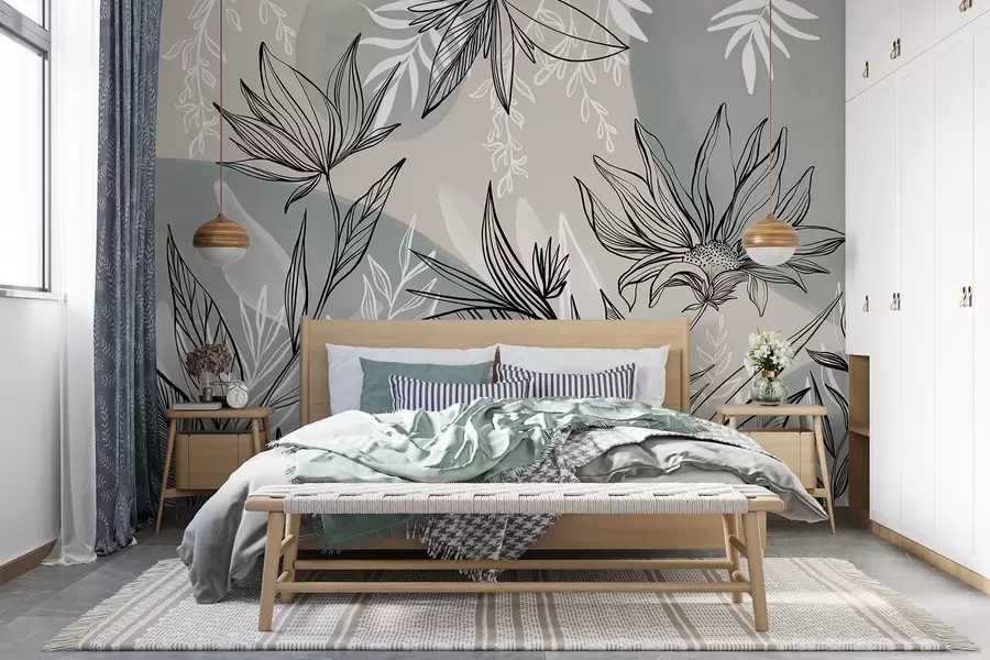 wall murals Уметност цветних линија са великим листовима и цветовима, на позадини беж и плавих акварела w08865